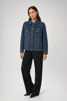 Load image into Gallery viewer, Model styling the dark blue denim rhinestone trucker jacket