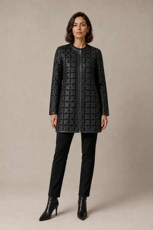 black-grey-cutout-jacket — stone gray editorial model front image