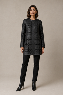 Load image into Gallery viewer, black-grey-cutout-jacket — stone gray editorial model front image