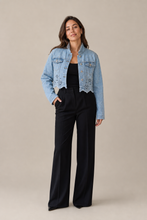 Load image into Gallery viewer, light-wash-eyelet-denim-jacket — stone gray editorial model front image