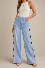 Load image into Gallery viewer, light-wash-distressed-ripped-wide-leg-jeans — stone gray editorial model front image