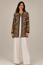 Load image into Gallery viewer, black-multicolor-floral-embroidered-jacket — stone gray editorial model front image