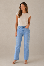 Load image into Gallery viewer, light-blue-wide-leg-embroidered-denim-pants — stone gray editorial model front image