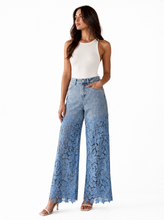 Load image into Gallery viewer, light blue denim lace overlay wide leg pants - editorial-model-front