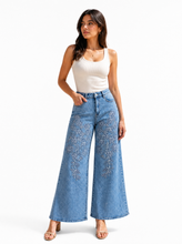 Load image into Gallery viewer, light blue embroidered denim skirt - editorial-model-front