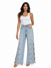 Load image into Gallery viewer, light wash eyelet floral cutout wide leg jeans - editorial-model-front