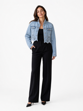 Load image into Gallery viewer, light wash eyelet denim jacket - editorial-model-front