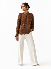 Load image into Gallery viewer, brown laser cut jacket - editorial-model-front