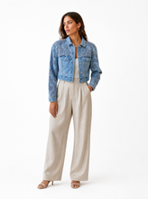 Load image into Gallery viewer, embellished light wash denim jacket pair 02 - editorial-model-front