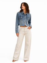 Load image into Gallery viewer, light wash eyelet denim jacket detail product - editorial-model-front