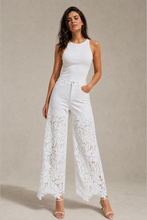 Load image into Gallery viewer, white-lace-applique-wide-leg-jeans — stone gray editorial model three-quarter image