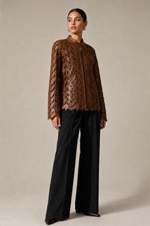 Load image into Gallery viewer, brown-laser-cut-jacket — stone gray editorial model three-quarter image