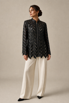 Load image into Gallery viewer, black-laser-cut-jacket — stone gray editorial model three-quarter image