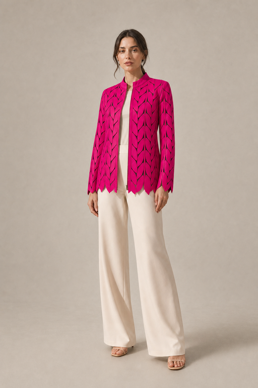 Fuchsia Cut Jacket — stone gray editorial model three-quarter image