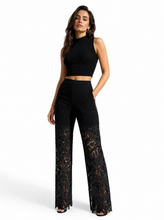 Load image into Gallery viewer, black embellished lace applique pants - editorial-model-three-quarter