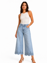 Load image into Gallery viewer, light blue wide leg denim pants scalloped lace hem - editorial-model-three-quarter