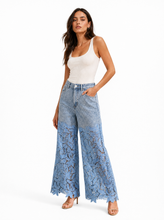 Load image into Gallery viewer, light blue denim lace overlay wide leg pants - editorial-model-three-quarter