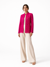 Load image into Gallery viewer, red laser cut jacket - editorial-model-three-quarter