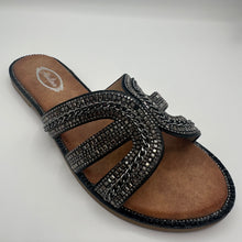 Load image into Gallery viewer, Crystal Embellished Flat Slip-On Sandals (Black/Silver)