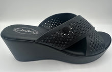 Load image into Gallery viewer, Black Crystal Decorated Strap Wedge Sandals