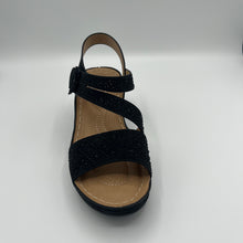 Load image into Gallery viewer, Black Floral Crystal T-Strap Sandal with Elastic Comfort Strap