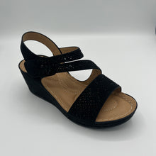 Load image into Gallery viewer, Black Floral Crystal T-Strap Sandal with Elastic Comfort Strap
