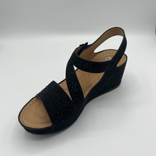 Load image into Gallery viewer, Black Floral Crystal T-Strap Sandal with Elastic Comfort Strap
