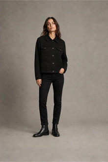 Load image into Gallery viewer, Model styling the black rhinestone trucker jacket