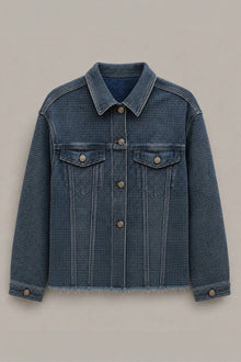 Load image into Gallery viewer, Dark blue denim rhinestone trucker jacket, front view