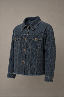 Load image into Gallery viewer, Dark blue denim rhinestone trucker jacket, three-quarter view