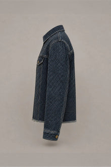 Load image into Gallery viewer, Dark blue denim rhinestone trucker jacket, side view