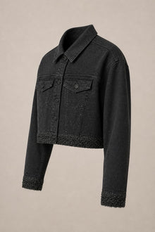 Load image into Gallery viewer, Embellished Cropped Jacket in Black — AI-assisted side product view