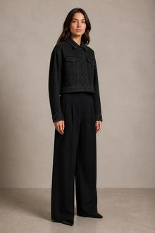 Load image into Gallery viewer, Embellished Cropped Jacket in Black — AI-assisted styling, three-quarter view
