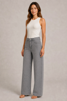 Load image into Gallery viewer, Rhinestone Jeans in Light Gray — AI-assisted styling, three-quarter view