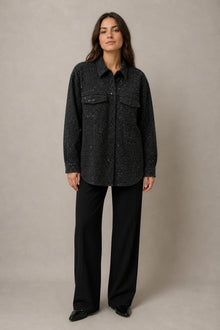 Load image into Gallery viewer, Rhinestone Shirt Jacket in Black — AI-assisted styling, front view