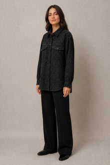 Load image into Gallery viewer, Rhinestone Shirt Jacket in Black — AI-assisted styling, three-quarter view