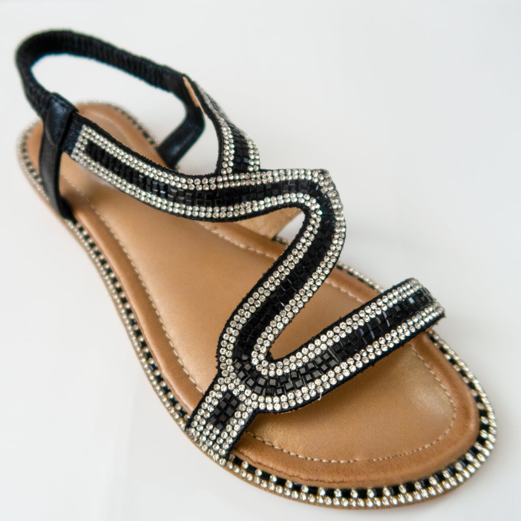 Crystal Curved Strap Slingback Sandals in Black