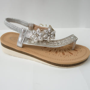 Floral Crystal Toe Ring Slingback Sandals (BLACK/SILVER/ROSE GOLD)