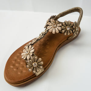 Floral/Flower embellished Toe Ring Slingback Flat Sandals in Gold