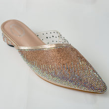 Load image into Gallery viewer,  iridescent crystal cascading pointed-toe kitten-heel mule in champagne
