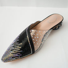 Load image into Gallery viewer, iridescent crystal cascading pointed-toe kitten-heel mule in black
