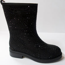 Load image into Gallery viewer, Black boots with a side-zipper.   Inner side-zipper. Cut at the mid-calf. Round-toe. Suede-like upper with black crystal embellishments.
