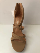 Load image into Gallery viewer, Tan camel colored sandal high heels with decorative crisscross straps. Chunky heel and secure fit with zipper closed heel backing. Open toe sandal heel. Excellent party shoe.

