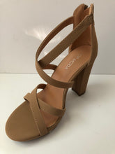Load image into Gallery viewer, Tan camel colored sandal high heels with decorative crisscross straps. Chunky heel and secure fit with zipper closed heel backing. Open toe sandal heel. Excellent party shoe.
