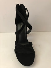Load image into Gallery viewer, Black Crisscross Strap Sandal High Heels. Party shoes high heels. Sandal high heels with decorative crisscross straps in black. Chunky heel. Secure fit with zipper closed heel backing. Open toe sandal heel. Good for parties and fancy events.
