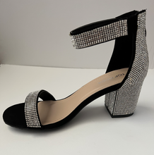 Load image into Gallery viewer, Black Chunky High Heel Sandal with White Crystal Embellishments. Low high heel. 3 inch heel. Zipper backing. Good for formal and casual occasions. Side view.