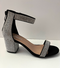 Load image into Gallery viewer, Black Chunky High Heel Sandal with White Crystal Embellishments. Low high heel. 3 inch heel. Zipper backing. Good for formal and casual occasions. Side view.