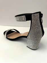 Load image into Gallery viewer, Black Chunky High Heel Sandal with White Crystal Embellishments. Low high heel. 3 inch heel. Zipper backing. Good for formal and casual occasions. Back side view.