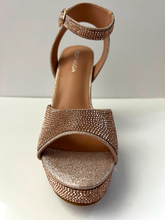 Load image into Gallery viewer, High heeled party and evening shoe with crystal embellishments. Open-toed sandal. Platform with ankle strap. Good for parties and formal occasions. Evening shoe. Party shoe. Comes in champagne color.
