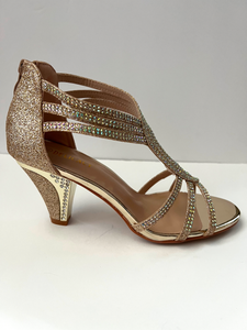 Crystal embellished kitten heel open-toed sandals with interlacing patterns  Good for parties and formal occasions. Comes in silver, gold, and black. Zipper at back of shoe for extra security with straps at ankle and foot. Low kitten heel for additional comfort. Gold color. White crystals.